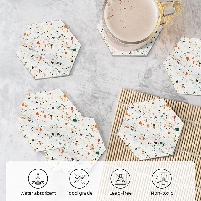 Beige Terrazzo Marble Hexagon Drinks Coasters Absorbent Stone with Holder Set of 6, Unique Fashion Luxury 3D Printing Art White/Cream Marbled Hexagonal Ceramic Coaster for Coffee Table Protection