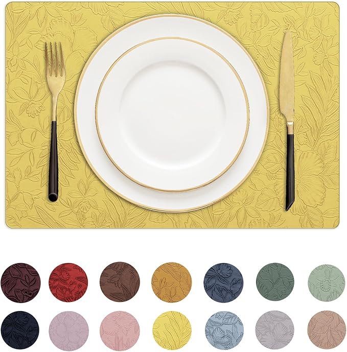 Romanstile Vinyl Placemats Set of 8-12 X 17 Inch - Heat Resistant Non-Slip Embossed Floral Place Mats 100% Waterproof Oilproof Wipeable Faux Leather Table Mats for Kitchen/Dining/Party, Yellow