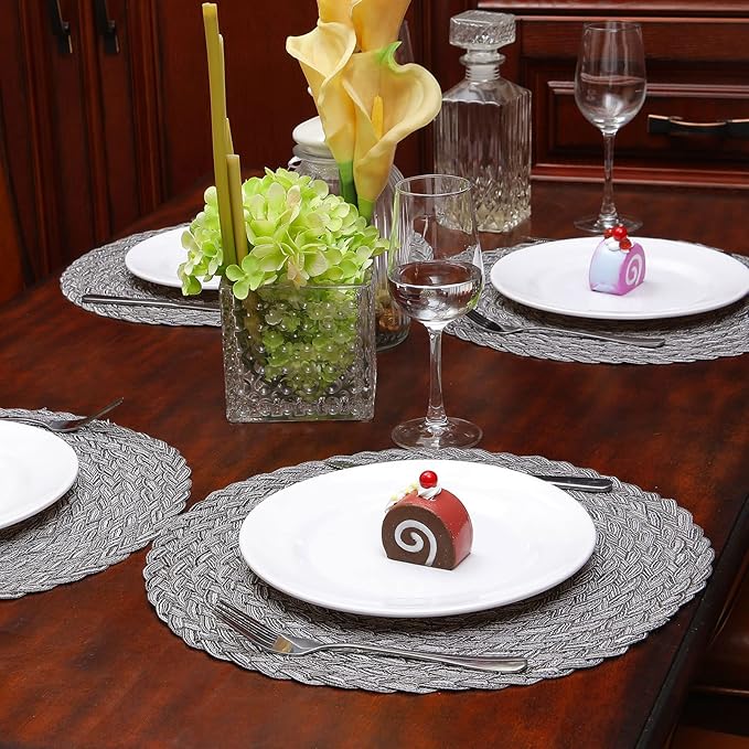 Topotdor Round Placemats Heat-Resistant Stain Resistant Anti-Skid Washable Polyproplene Table Mats Placemats (Set of 6, Braided-Gray)