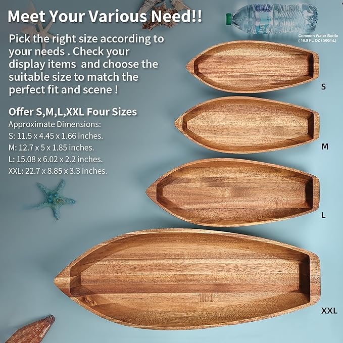 Lucky Boat Serving Tray, Acacia Solid Wood Interesting Shape Plate for Serving Desserts, Fruit, Snack and House Ornament,Key Tray,Functional and Storage Decorative Bowl。(M)