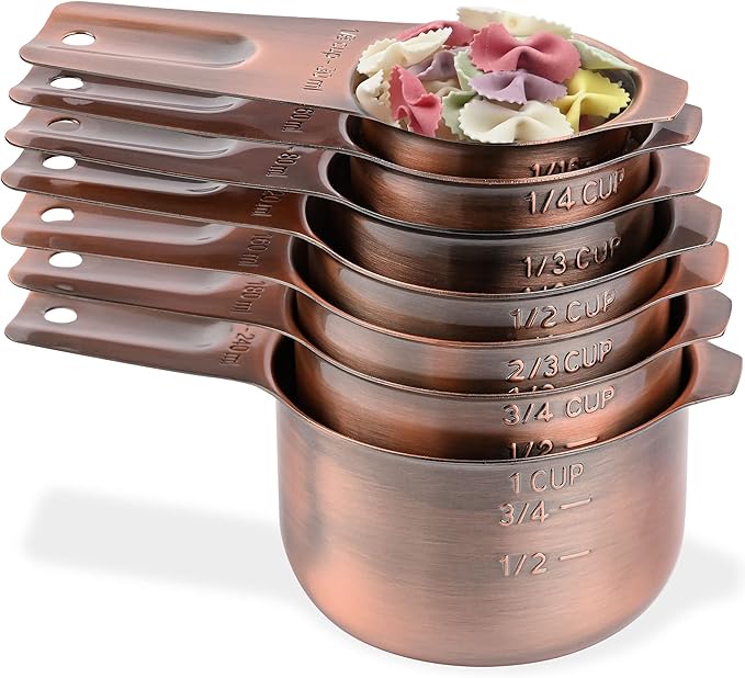 Copper Measuring Cups Set 7, Metric & US Stainless Steel Measuring Cups for Kitchen & Baking, Metal Measure Cups for Dry & Liquid, Nesting Measuring Cup Set with 1/8 2/3 & 3/4 Cups