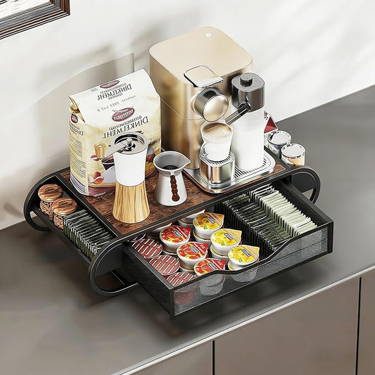 Coffee Pod Holder with Drawer, Wooden Coffee Station Organizer for Countertop, K Cup Storage Rack and Kitchen Organizer, Rustic Brown