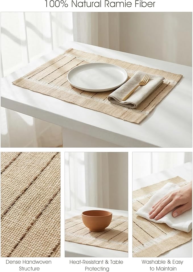 Ramie Placemats Set of 6, 12 x 17 Inch Natural Woven Place Mats for Dining Table, Handwoven Boho Farmhouse Table Mats for Kitchen, Dining Room & Coffee Table Decor