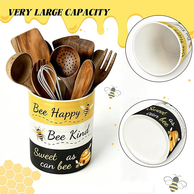 Bee Utensil Holder, Honey Bees Ceramic Kitchen Utensil Holder, Utensil Crock for Home Kitchen Countertop Storage Organizer Container, Large Holder for Spatulas, Spoons, Kitchen Counter Decor, 6"