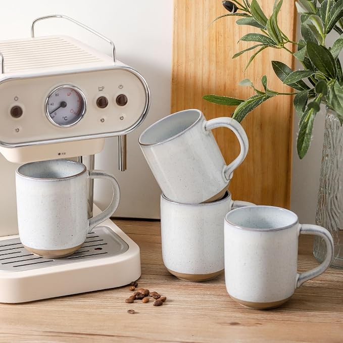 Ceramic Coffee Mugs Set of 4, 14oz Coffee Cups with Large Handle, Stoneware Two-Tone Tea Mugs for Latte, Cappuccino, Bluish White Speckled, Terracotta Base,Housewarming Gift,Dishwasher&Microwave Safe