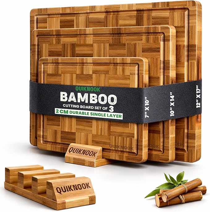 Pack of 3 Pre-Oiled Bamboo Cutting Board Set with holder | Extra Thick End Grain Bamboo Wooden Cutting Board for kitchen with Deep Juice Grooves | Non Toxic Chopping Board Set with Build-in Handles