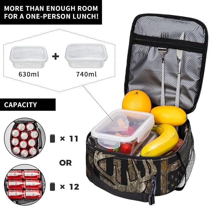 Gianlaima Camo Camouflage Deer American Flag Brown Insulated Lunch Box For Women And Man, Portable Lunch Bags Reusable Cooler Tote For Office Work Travel Picnic Camping Beach