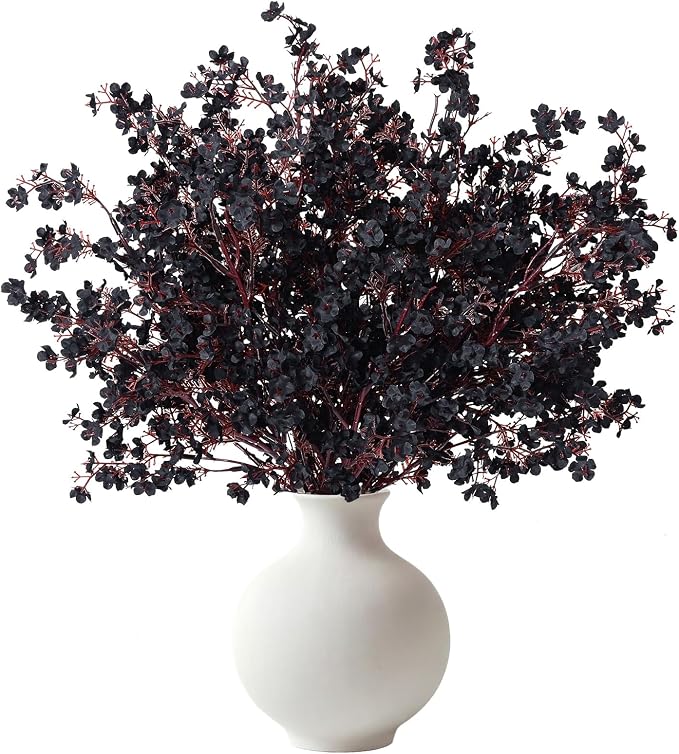Waipfaru 15Pcs Halloween Flowers Babys Breath Silk Artificial Black Flowers Gypsophila Bouquets Bulk Real Touch Black Stems for Halloween Decorations DIY Floral Arrangement Table Centerpieces