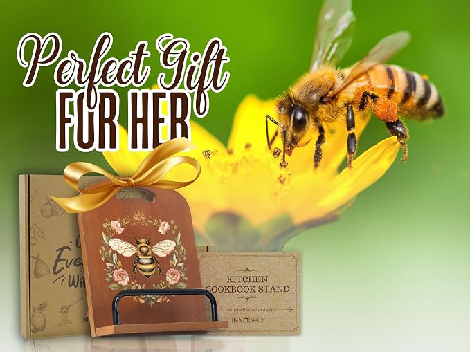 INNObeta Cookbook Stand for Kitchen Counter, Adjustable Tablet Recipe Book Holder, Perfect Gifts for Women, Mom, Grandma on Birthday, Unique Kitchen Decor, Bee