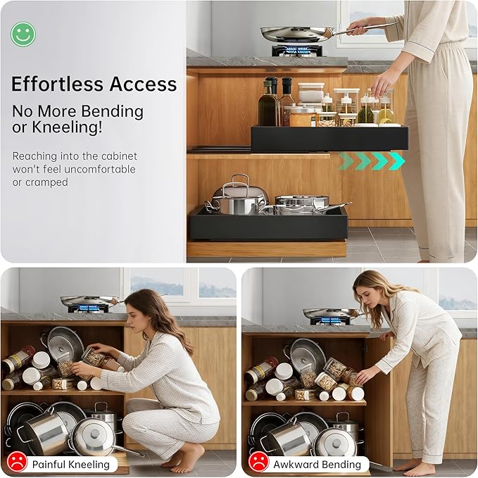 Pull out Cabinet Organizer, 2 pack, 20.5" Deep Heavy Slide out Drawers, Upgrade Three Triple-Slide Rail Systems, Expandable 12.8"-20.8" Roll out Shelf Storage for Kitchen Base Cabinet Organization