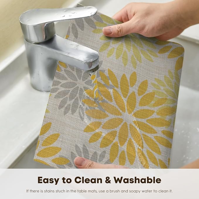 Artoid Mode Floral Plastic Placemats Set of 4, 12x18 Inch Washable Non-Slip Plastic Vinyl Place Mats for Party Kitchen Dining Decor, Yellow