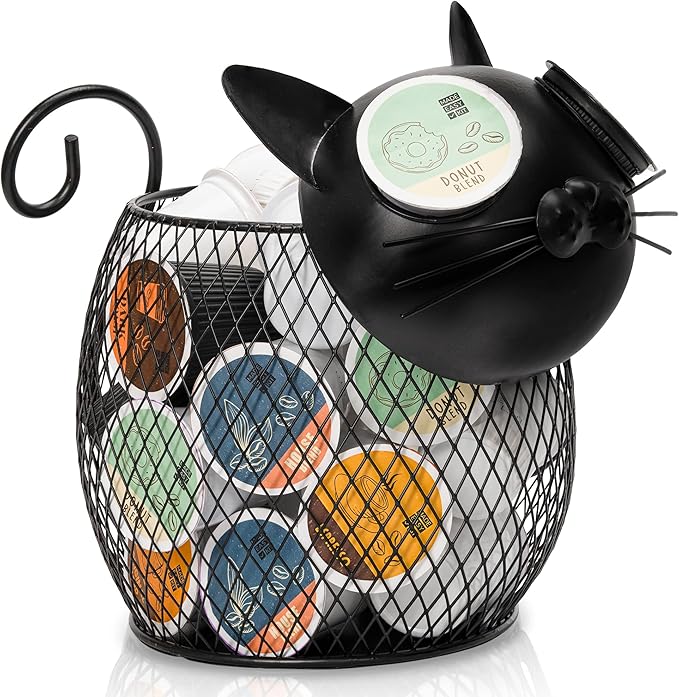 Made Easy Kit Cat Coffee Pod Holder Basket – Metal K-Cup Organizer for Countertop Coffee Bar – Cute Kitchen Décor Storage for Keurig Pods, Creamers & Capsules (25 Pod Capacity)