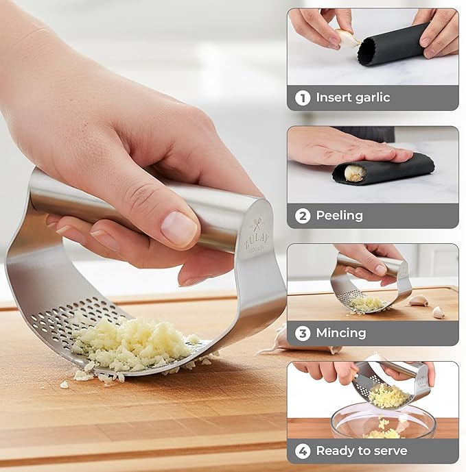 Zulay Kitchen Stainless Steel Garlic Press Rocker Set - Time Saving, Durable Strong Garlic Mincer Tool - Easy to Use & Clean Garlic Crusher Set with Peeler and Scraper Kitchen Gadget Smasher