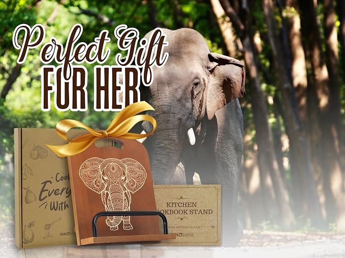 INNObeta Cookbook Stand for Kitchen Counter, Adjustable Tablet Recipe Book Holder, Perfect Gifts for Women, Mom, Grandma on Birthday, Unique Kitchen Decor, Elephant