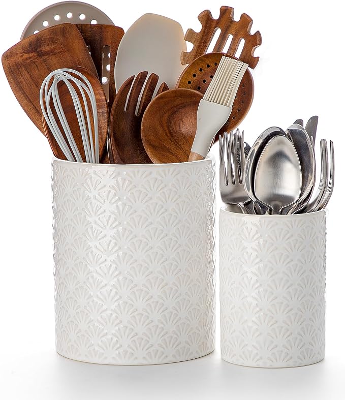 Nucookery Utensil Holder for Kitchen Counter, White Large Stable Ceramic Cooking Utensil Crock for Countertop Organizer, Farmhouse Decor, Set of 2, 7.1"&5.4",Christmas Thanksgiving Gift, Petal Pattern