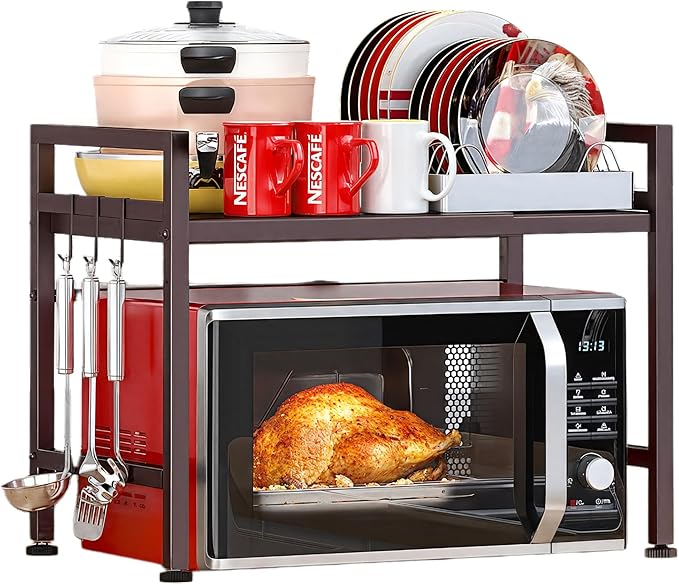 PUSDON Expandable Microwave Oven Rack, 2-Tier Countertop Baker's Rack Style Shelf, Heavy Duty Stand with 3 Hooks, 160lbs Capacity Rustic Farmhouse Decor, Vintage Bronze