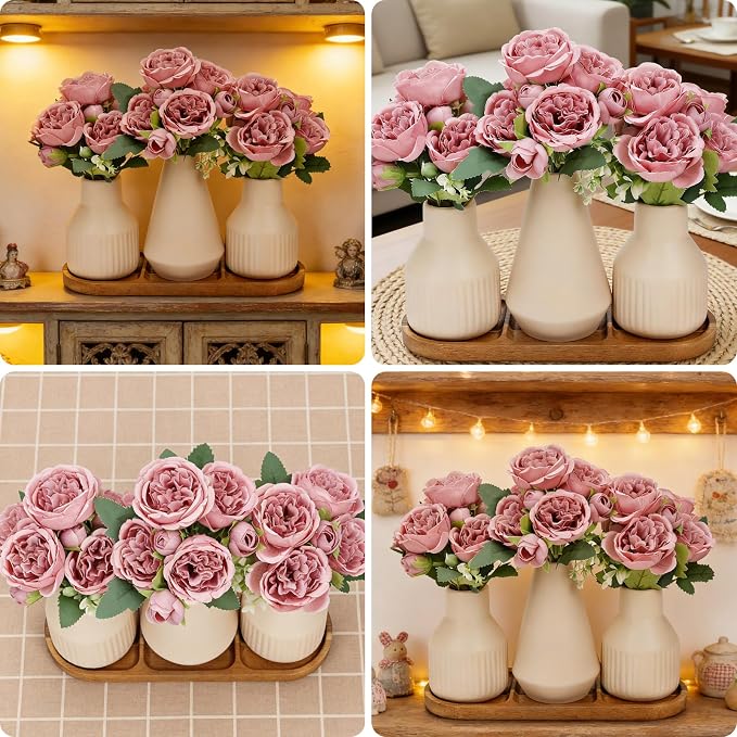 Flower Table Centerpiece - Dining Table Centerpiece Decor Set of 3 Fake Peonies in Ceramic Vases & Wood Tray Modern for Kitchen Island Living Room Coffee Table Home Decor (Dusty Pink)