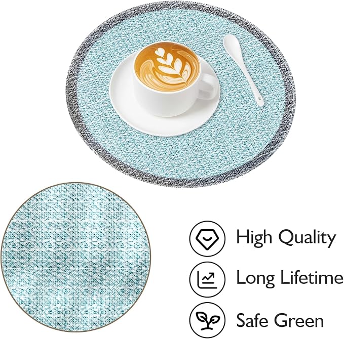 Niviy Blue Grey Ethnic Boho Round Placemats Set of 4, 15 Inch Linen Burlap Washable Durable Art Table Mats for Holiday Party Kitchen Dining Room Decoration