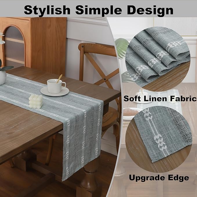 Gernaice Boho Table Runner, Embroidered Cotton Linen Farmhouse Table Runners for Dresser End Coffee Table Home Decor, 24" L X 13" W Grey