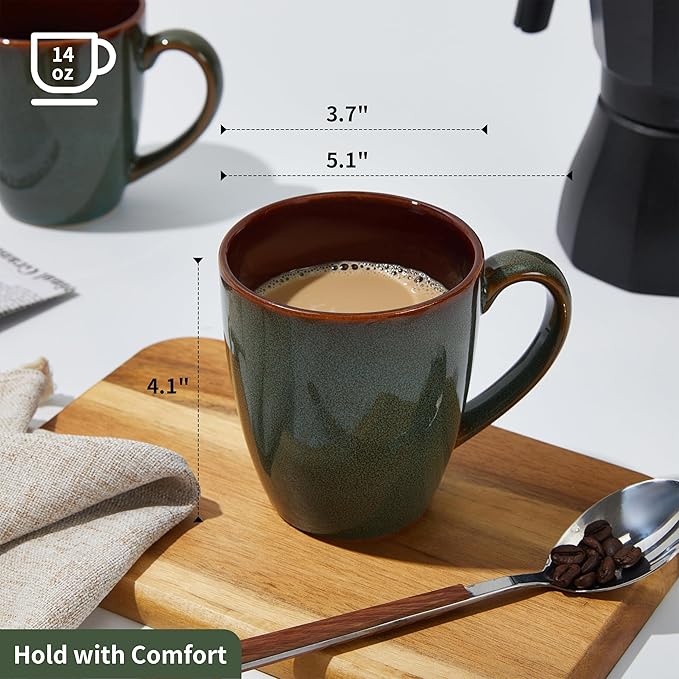 Pokini Coffee Mug 14 oz, Ceramic Coffee Mugs Set of 6, Reactive Glaze Mug for Latte/Tea/Cappuccino, Large Stackable Mug Set for Men, Women, Dad, Mom, Dishwasher & Microwave Safe, Brown Green