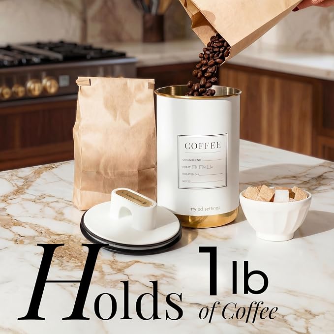 STYLED SETTINGS Vacuum Coffee Canister with Airtight Lid - Dual-Lid Airtight Coffee Canister with Scoop and Label for Beans and Grounds, Food Storage Container -White and Gold Kitchen Accessories