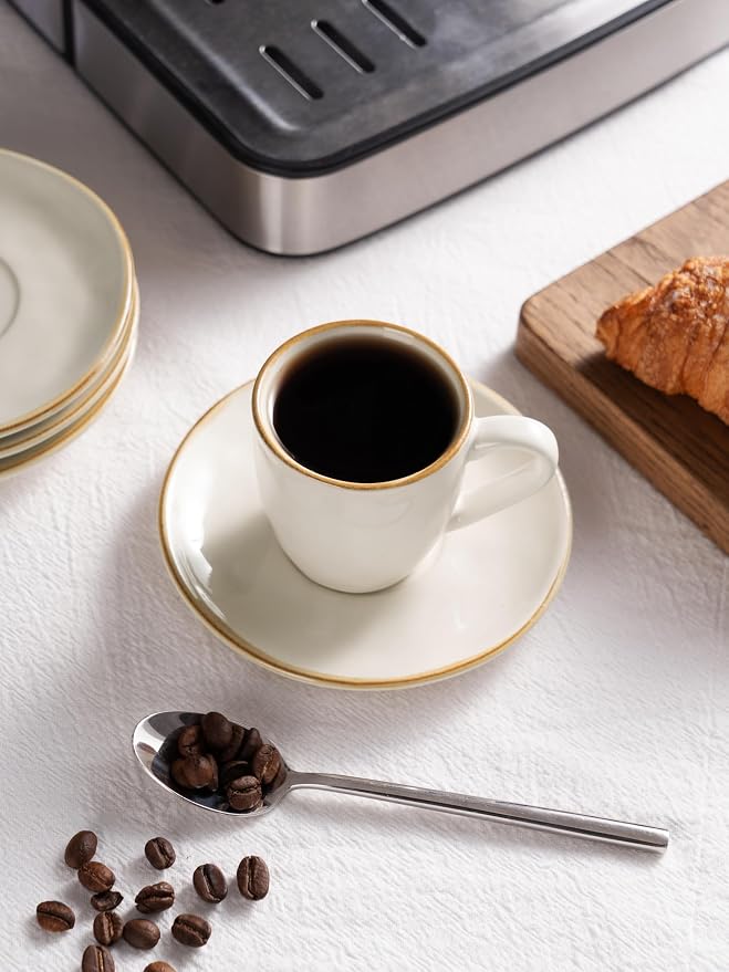 famiware Ocean Espresso Cups with Saucers Set of 4, 3.34oz Espresso Cup Set, Coffee Mug Set for Latte, Macchiato, Stoneware Demitasse Cups Set for Cafe, Microwave&Dishwasher Safe, Cappuccino White