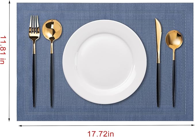 CADONO Placemats Set of 4 Washable Indoor/Outdoor Vinyl Place Mats for Dining Table Durable Non-Slip Heat Resistant PVC Weave Table Mats（Simple Style-Deep Blue）