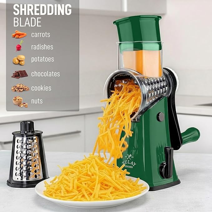 Zulay Kitchen Rotary Cheese Grater 5 Blade Cheese Shredder - Manual Hand Crank Cheese Grater With Reinforced Suction & 5 Interchangeable Drums - Easy to Use, Vegetable Chopper Round Mandoline Slicer