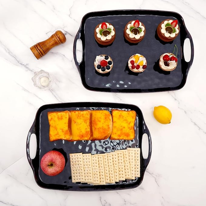 TP Large Serving Trays with Handles, 19" x 12" Melamine Serving Platters for Food, Turkey, Set of 2 Rectangular Trays for Party, Retro Black