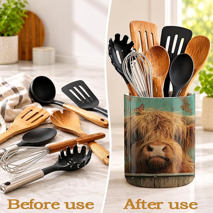 Highland Cow Utensil Holder for Countertop,Sunflower Butterfly Ceramic Utensil Crock Organizer for Home Kitchen Spoons,Spatulas and Cooking Tools