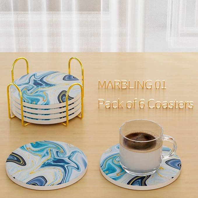 6Pcs/Set Marble Abstract Ceramic Coasters with Holder, Absorbent Drink Coasters, Coffee Cup Coaster,Round Ceramic Table Coasters Set Decorative