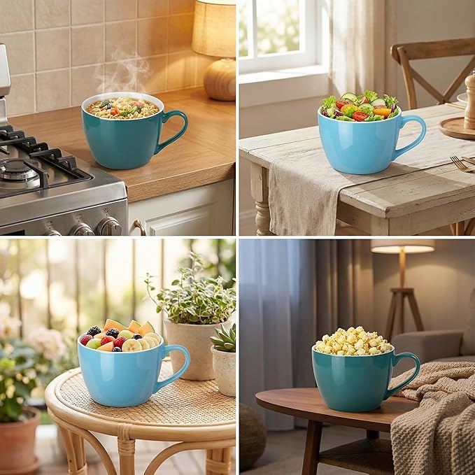 MECOWON 30 OZ Porcelain Coffee Mugs, Set of 2 Large Mugs for Soup, Cereal and Salad (blue)