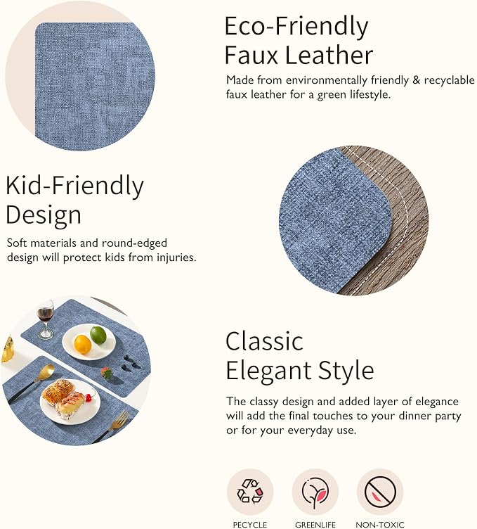Maxpearl Faux Leather Placemats Set of 6 - Waterproof - Wipe Clean - Heat Resistant - Anti Slip Dining Table Place Mats, Suitable for Indoor & Outdoor Use, 17’’×12’’, Blue