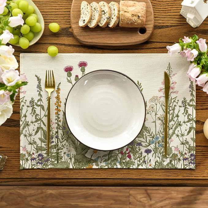 Artoid Mode Antique Herbs and Wild Flowers Spring Placemats Set of 6, 12x18 Inch Seasonal Summer Table Mats for Party Kitchen Dining Decoration
