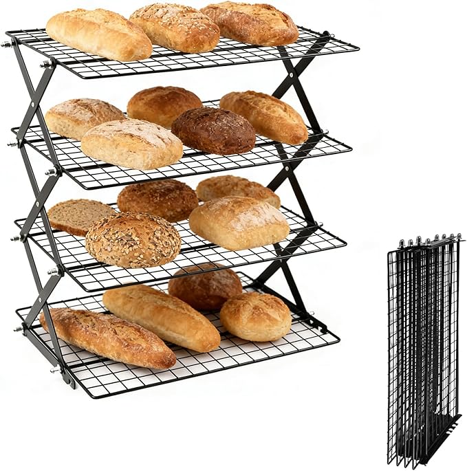 4 Tier Collapsible Cooling Rack with Adjustable 6 Setting Design stackable wire rack for baking sheet for Cookies Baking Gifts for Women (Black, 4-Tier)