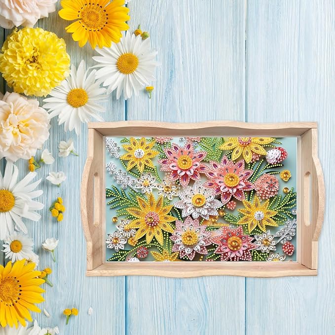 BAYUNOE DIY Diamond Serving Tray Rectangular Breakfast Tray with Handle Handmade Diamond Art Painting Wooden Tray Spring Creative Dinner Plate Coffee Room Living Home Organizer-Flower