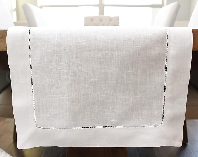 CleverDelights White Linen Hemstitch Table Runner - 16" x 90" - 100% Linen