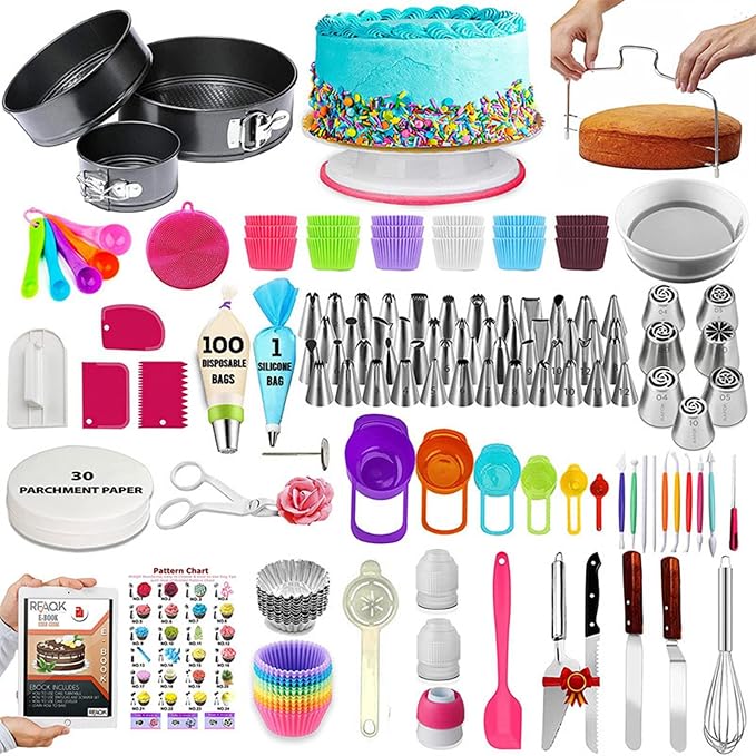 Cake Decorating Kit with Rotating Turntable, Non-Stick Cake Pans, Piping Tips, Spatulas, Scrapers & Silicone Cupcake Liners - Complete Baking Supplies for Beginners & Home Bakers 360PCS