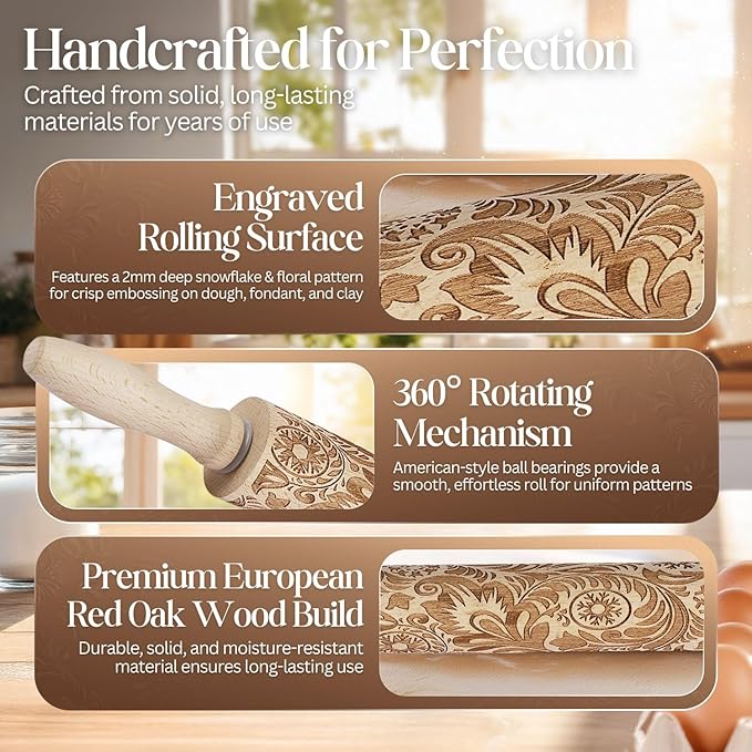 Flexzion Embossed Rolling Pins with Patterns for Baking, 7.7-inch Engraved Wooden Rolling Pin with Snowflake Flower Pattern Rolling Pin for Baking Pastry Pizza Dough Fondant Cookie Pie Crust Pasta