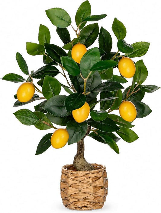 Oairse Artificial Potted Plants 17.3 inches Small Fake Lemon Tree Artificial Lemons Citrus Tree with Woven Pot Faux Plants Indoor Lemon Decorations for Home,Office, Living Room Table, Desk