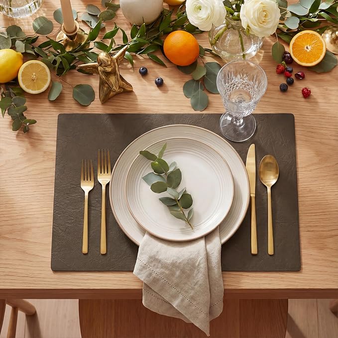 Artoid Mode Coffee Faux Leather Placemats Set of 6, 12x18 Inch Waterproof Wipeable Heat Resistant Vinyl Place Mats, Reversible Table Mats for Kitchen Dining Decor