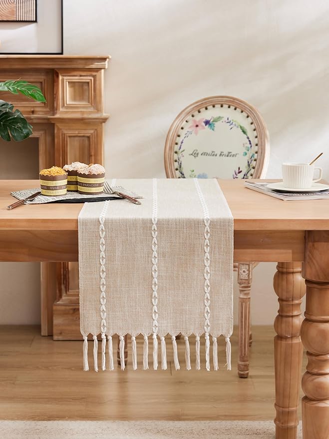 Braided Farmhouse Table Runner,Braided Taupe 13x108 Inch, Cotton Linen Table Runners 108 Inches Long, Embroidered Striped Taupe Boho Table Runner Rustic Home Decor
