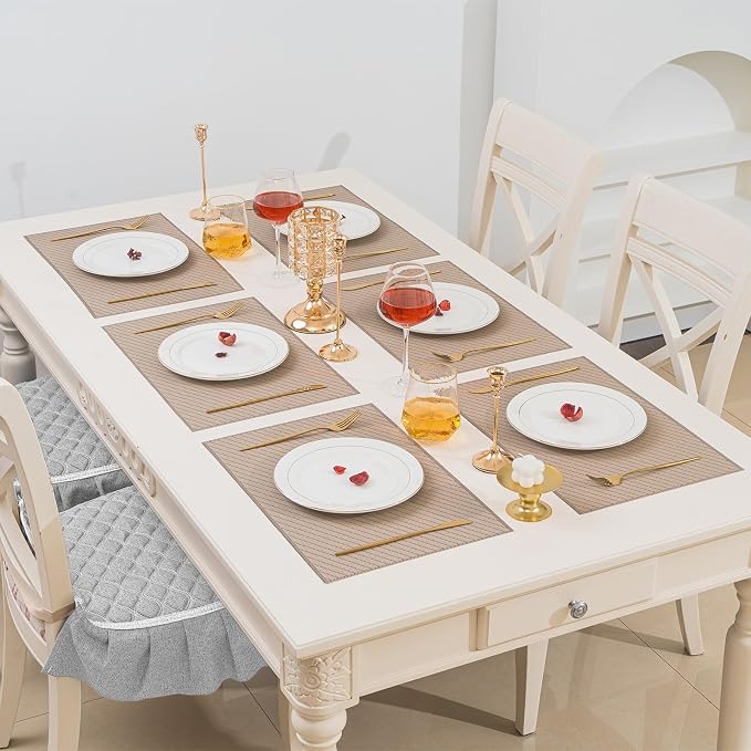 BACKTOEDEN Placemats Set of 12 Heat Resistant Washable Wipeable Placemat Woven Non-Slip Foldable Vinyl/Plastic Place Mats Indoor/Outdoor Mat Kitchen Dining Table Pad, Khaki Twill