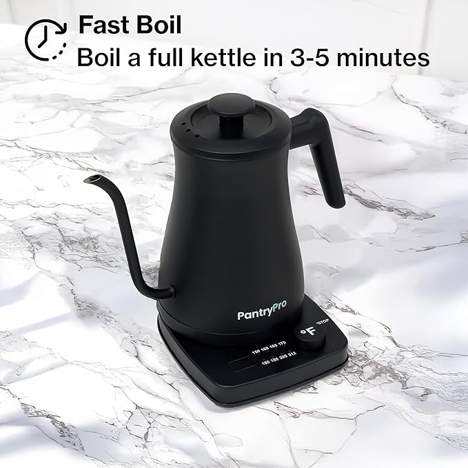 PantryPro Gooseneck Electric Kettle with Temperature Control, 34oz/1.0L Rapid Boil, Stainless Steel Interior, Auto Shut-Off, 1500W, Boil-Dry Protection, LED Indicator - Black