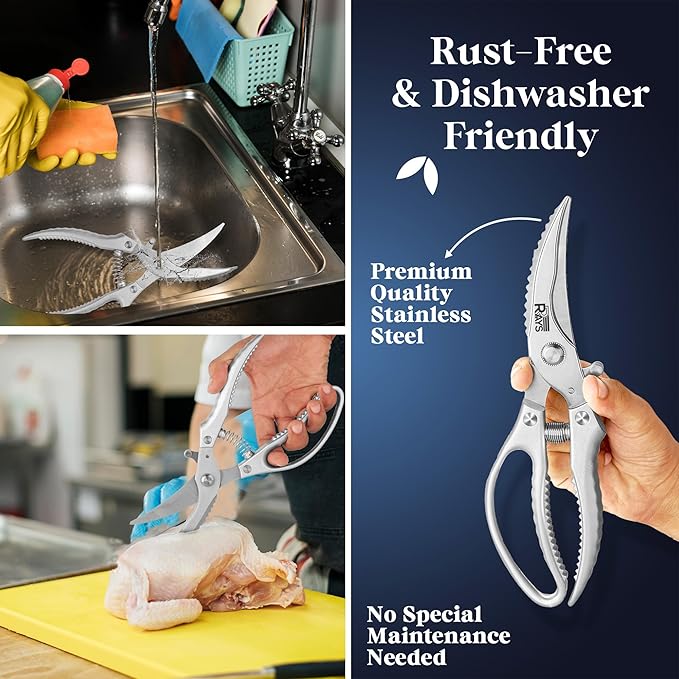 Heavy Duty Poultry Shears – Professional Stainless Steel Kitchen Scissors for Chicken, Turkey, Bone, Meat & Fish – Spring Loaded Spatchcocking Shears – Dishwasher Safe with Safety Lock