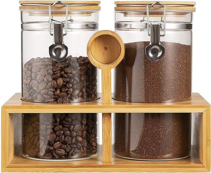 Yangbaga Ground Coffee Storage Container with Shelf, 2×45OZ Glass Coffee and Sugar Container Set, Coffee Canisters with Airtight Lids and Scoop, Food Storage Jars for Kitchen,Nuts,Tea,Sugar