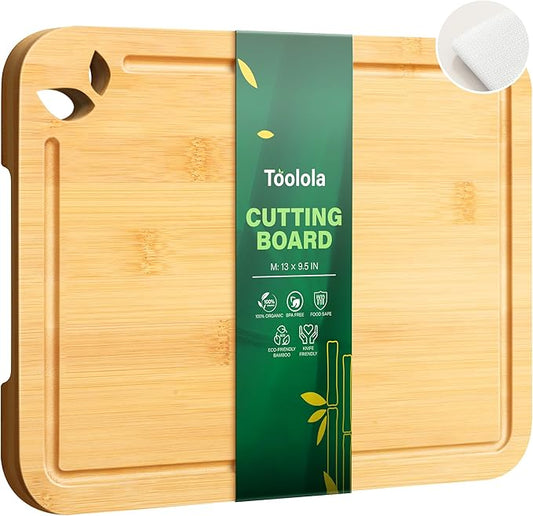 13 x 9.5 inch Bamboo Cutting Boards for Kitchen with Silicone Mat, Lightweight & Knife-Friendly Wood Cutting Board Set with Side Handles and Juice Grooves, Natural