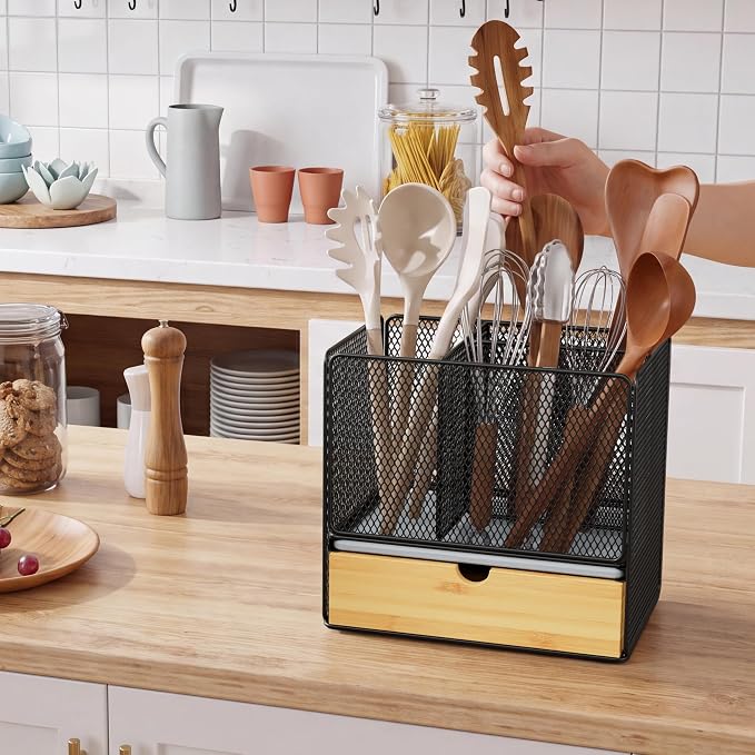 Utensil Holder, 2-in-1 Kitchen Utensil Holder with Silverware Drawer Organizer for Countertop, 3 Compartments Cooking Utensil Holder with Diatomaceous Earth Base for Kitchen Counter, Black