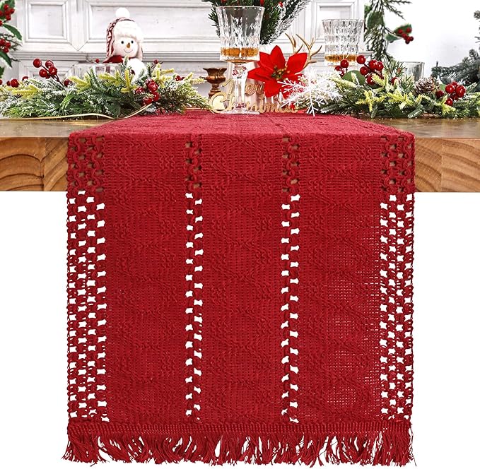 Macrame Table Runner Christmas Red Boho Table Runners with Tassels Hand Woven Cotton Table Runner Rustic Farmhouse Table Runners for Xmas Kitchen Dining Table(12x71in)