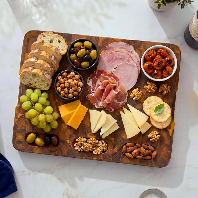 HOMESTEAD End Grain Acacia Wood Cutting Board for Kitchen 18x14x1.25 in, Large Butcher Block Chopping Board for Meat Vegetables with Juice Groove, Sorting Compartments, Handles, Knife-Friendly Surface
